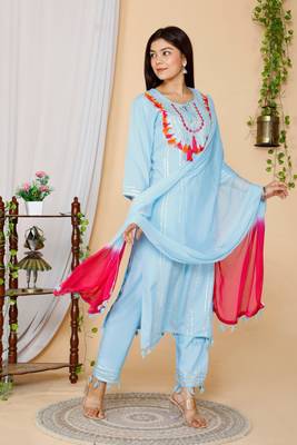 Women Blue Embroidered Pure Cotton Kurta with Trousers & With Dupatta 2