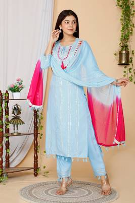 Women Blue Embroidered Pure Cotton Kurta with Trousers & With Dupatta 3