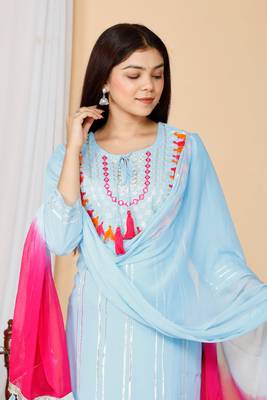 Women Blue Embroidered Pure Cotton Kurta with Trousers & With Dupatta 4