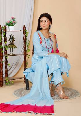 Women Blue Embroidered Pure Cotton Kurta with Trousers & With Dupatta 5