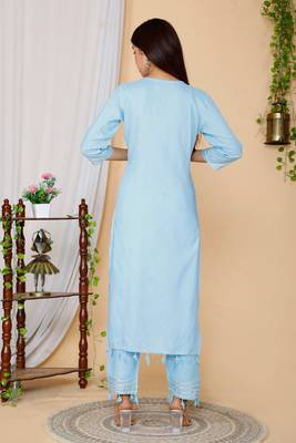 Women Blue Embroidered Pure Cotton Kurta with Trousers & With Dupatta 6