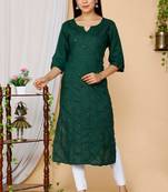 Womens Green Embroidered Straight Kurta