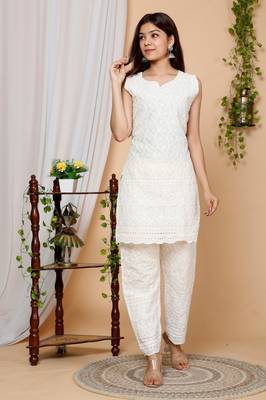 Beige Floral Embroidered Pure Cotton Kurti 1