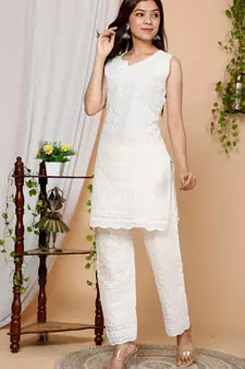 Beige Floral Embroidered Pure Cotton Kurti