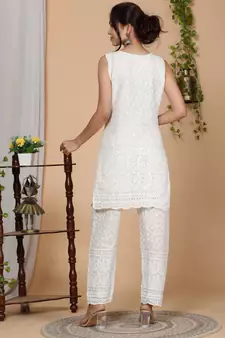 Beige Floral Embroidered Pure Cotton Kurti