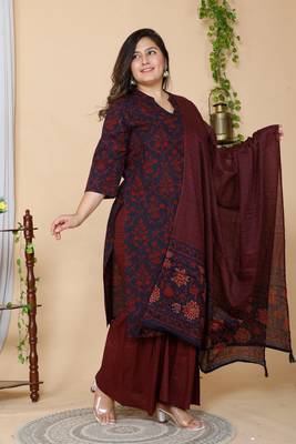 Women Plus Size Maroon Floral Printed Pure Cotton Kurta with Sharara & With Dupatta 2
