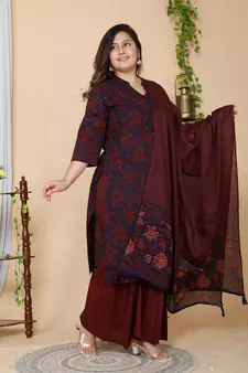 Women Plus Size Maroon Floral Printed Pure Cotton Kurta with Sharara & With Dupatta