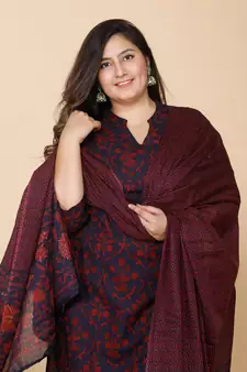 Women Plus Size Maroon Floral Printed Pure Cotton Kurta with Sharara & With Dupatta