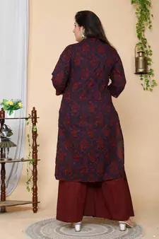 Women Plus Size Maroon Floral Printed Pure Cotton Kurta with Sharara & With Dupatta
