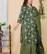 Women Plus Size Green Floral Printed Pure Cotton Kurta with Sharara & With Dupatta
