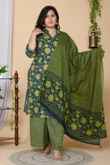 Women Plus Size Green Floral Printed Pure Cotton Kurta with Sharara & With Dupatta