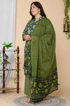 Women Plus Size Green Floral Printed Pure Cotton Kurta with Sharara & With Dupatta