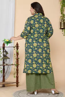 Women Plus Size Green Floral Printed Pure Cotton Kurta with Sharara & With Dupatta