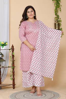 Women Plus Size Pink Floral Printed Gotta Patti Pure Cotton Kurta with Palazzos & With Dupatta 1