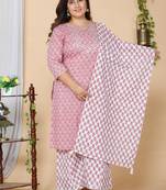 Women Plus Size Pink Floral Printed Gotta Patti Pure Cotton Kurta with Palazzos & With Dupatta