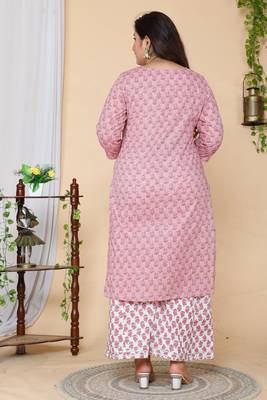 Women Plus Size Pink Floral Printed Gotta Patti Pure Cotton Kurta with Palazzos & With Dupatta 5