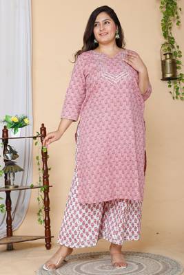 Women Plus Size Pink Floral Printed Gotta Patti Pure Cotton Kurta with Palazzos 1