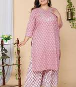 Women Plus Size Pink Floral Printed Gotta Patti Pure Cotton Kurta with Palazzos