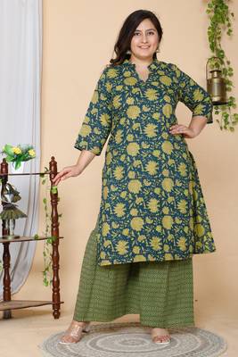 Women Plus Size Green Floral Printed Pure Cotton Kurta with Sharara 1