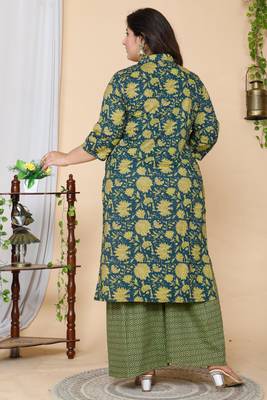 Women Plus Size Green Floral Printed Pure Cotton Kurta with Sharara 2