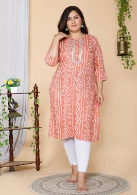 Women Plus Size Peach-Coloured Bandhani Embroidered Kurti 1