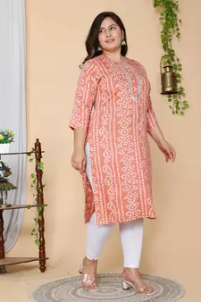 Women Plus Size Peach-Coloured Bandhani Embroidered Kurti