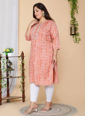 Women Plus Size Peach-Coloured Bandhani Embroidered Kurti 3