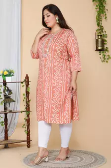 Women Plus Size Peach-Coloured Bandhani Embroidered Kurti