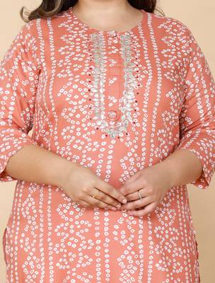 Women Plus Size Peach-Coloured Bandhani Embroidered Kurti 6