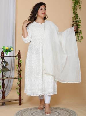 Women Plus Size Beige-Coloured Chikankari Thread Work Anarkali Kurta with Dupatta 1