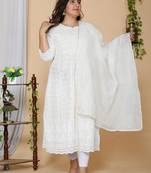 Women Plus Size Beige-Coloured Chikankari Thread Work Anarkali Kurta with Dupatta