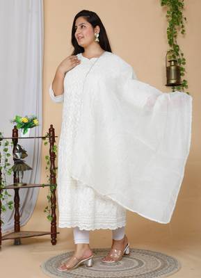 Women Plus Size Beige-Coloured Chikankari Thread Work Anarkali Kurta with Dupatta 3