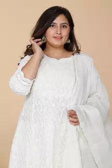 Women Plus Size Beige-Coloured Chikankari Thread Work Anarkali Kurta with Dupatta