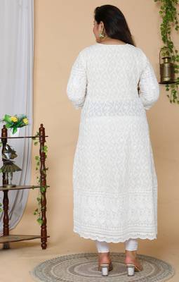 Women Plus Size Beige-Coloured Chikankari Thread Work Anarkali Kurta with Dupatta 5