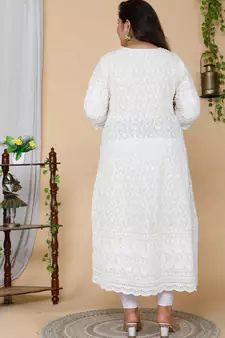 Women Plus Size Beige-Coloured Chikankari Thread Work Anarkali Kurta with Dupatta
