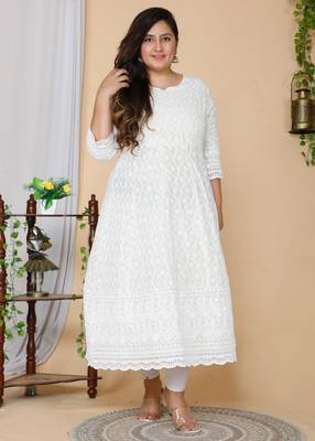 Women Plus Size Beige-Coloured Chikankari Thread Work Anarkali Kurta with Dupatta 6