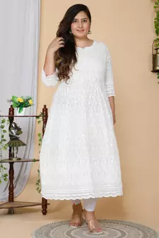 Women Plus Size Beige-Coloured Chikankari Thread Work Anarkali Kurta with Dupatta