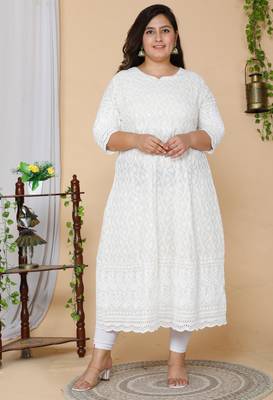 Women Plus Size Beige-Coloured Chikankari Thread Work Anarkali Kurta with Dupatta 7