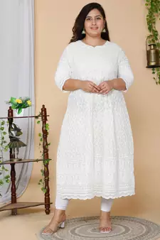 Women Plus Size Beige-Coloured Chikankari Thread Work Anarkali Kurta with Dupatta