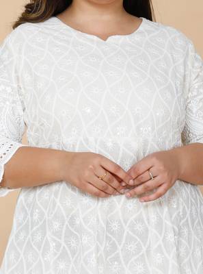 Women Plus Size Beige-Coloured Chikankari Thread Work Anarkali Kurta with Dupatta 8