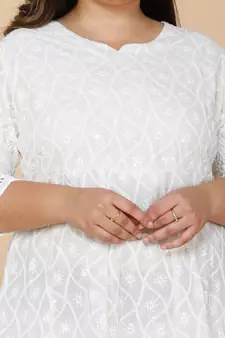 Women Plus Size Beige-Coloured Chikankari Thread Work Anarkali Kurta with Dupatta