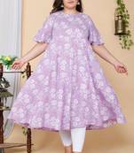 Women Plus Size  Lavender Floral Printed Flared Sleeves Anarkali Kurta