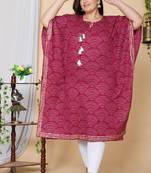 Women Plus Size Magenta Bandhani Printed Cotton Kaftan Kurta