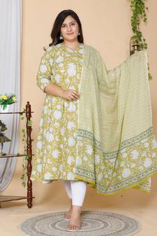 Women Yellow Plus Size Floral Printed Anarkali Kurta with dupatta