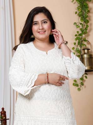 Women Plus Size Beige-Coloured Chikankari Thread Work Kurta with Palazzo 5
