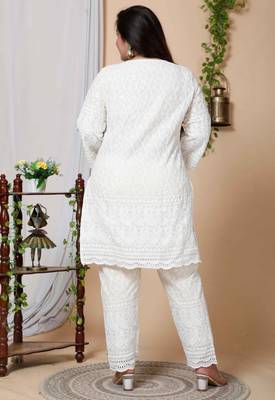 Women Plus Size Beige-Coloured Chikankari Thread Work Kurta with Palazzo 6