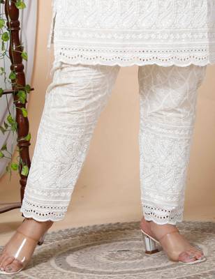 Women Plus Size Beige-Coloured Chikankari Thread Work Kurta with Palazzo 7