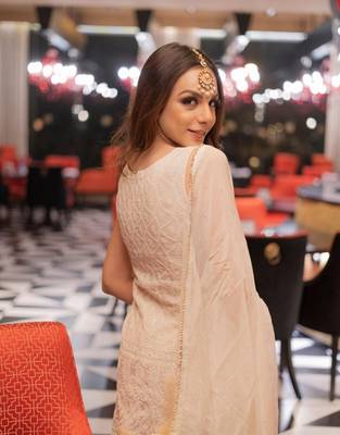 Womens Beige Embroidered Chikankari Pure Cotton Kurta And Sharara With Dupatta Set 5
