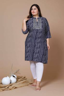 Women's Plus Size Blue Coloured Rayon Embroidered Bandhej Straight Kurta 1