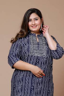 Women's Plus Size Blue Coloured Rayon Embroidered Bandhej Straight Kurta 3